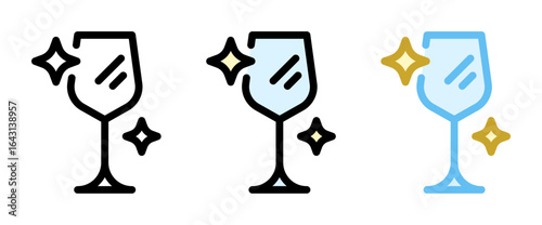 Wine glass polishing icon. Shining glass, line and fill icon. Outline, filled, and color versions. Vector illustration with editable stroke. Isolated on transparent background.