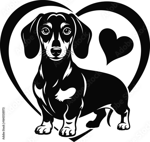 Cute dachshund dog with heart shape, black and white pet illustration, love symbol design, loyal puppy artwork, dog lover