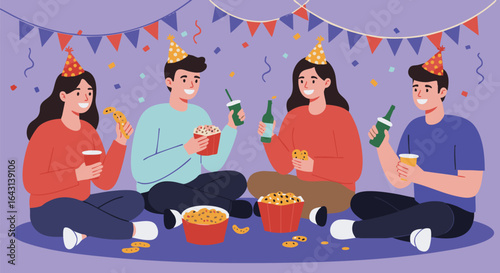Friends having a fun party celebration with snacks and drinks