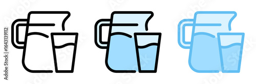 Water pitcher and glass icon. Water glass, line and fill icon. Outline, filled, and color versions. Vector illustration with editable stroke. Isolated on transparent background.