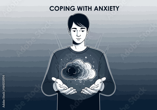 Young man coping with anxiety and depression. Conceptual vector illustration of a person holding a dark emotional cloud.