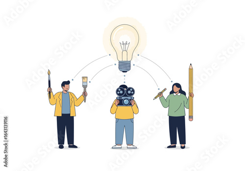 Collaborative creativity concept with a team of artists and a filmmaker sharing ideas to form a single brilliant concept.