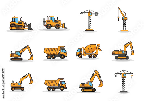 Collection of yellow construction machinery vector icons. Set includes excavator, bulldozer, dump truck, and crane illustrations.
