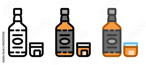 Whiskey icon. Whiskey bottle with glass, line and fill icon. Outline, filled, and color versions. Vector illustration with editable stroke. Isolated on transparent background.