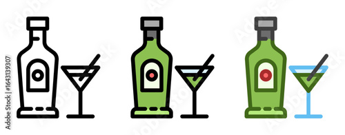 Vermouth icon. Alcohol bottle and glass, line and fill icon. Outline, filled, and color versions. Vector illustration with editable stroke. Isolated on transparent background.