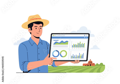 Innovative Farmer Integrating Technology for Smart Agriculture, Analyzing Crop Data on a Tablet Dashboard