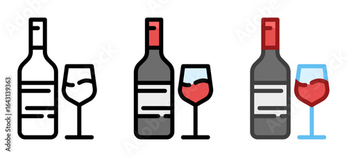 Red wine bottle and glass icon. Red wine line and fill icon. Outline, filled, and color versions. Vector illustration with editable stroke. Isolated on transparent background.