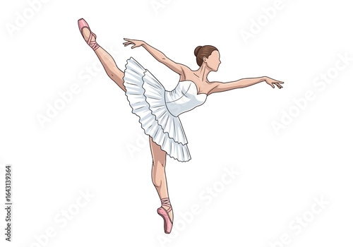 Vector illustration of a graceful ballerina dancing in a white tutu. Isolated figure in a classic ballet pose.