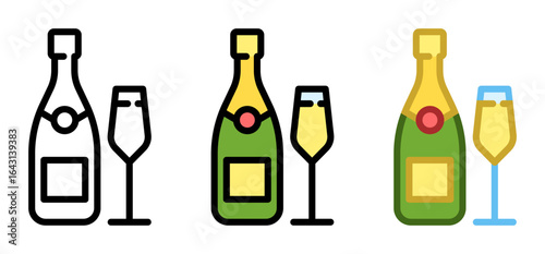 Champagne bottle and glass icon. Sparkling wine line and fill icon. Outline, filled, and color versions. Vector illustration with editable stroke. Isolated on transparent background.