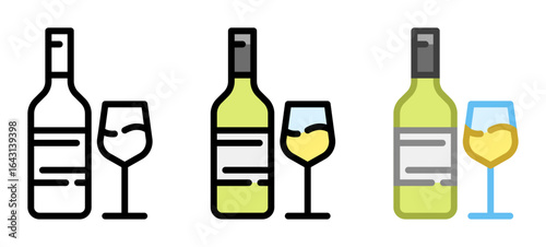 White wine bottle and glass icon. White wine line and fill icon. Outline, filled, and color versions. Vector illustration with editable stroke. Isolated on transparent background.