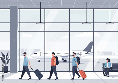 Male passengers with luggage quickly walking through the airport departure lounge towards their flight for a journey.