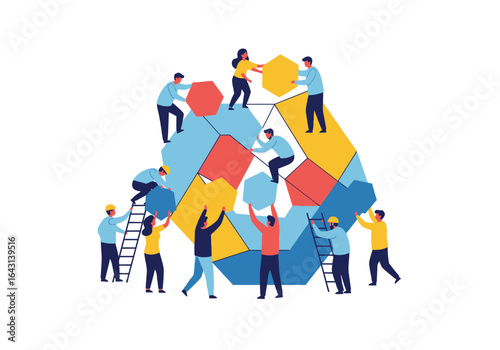 Collaborative teamwork concept illustration with a group of people building an abstract geometric structure together.