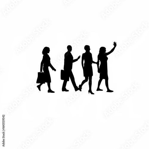 Diverse young team silhouette arriving together at workplace isolated on white background