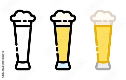 Beer icon. Pilsner glass line and fill icon. Outline, filled, and color versions. Vector illustration with editable stroke. Isolated on transparent background.
