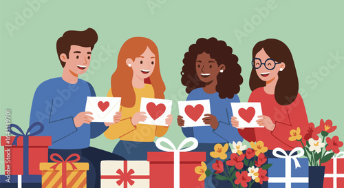 Diverse friends sharing love giving gifts and cards