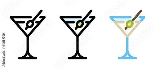Dry martini icon. Classic cocktail line and fill icon. Outline, filled, and color versions. Vector illustration with editable stroke. Isolated on transparent background.