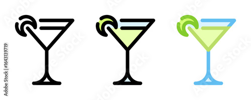 Daiquiri icon. Lime cocktail line and fill icon. Outline, filled, and color versions. Vector illustration with editable stroke. Isolated on transparent background.