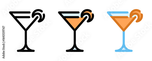 Sidecar icon. Orange cocktail line and fill icon. Outline, filled, and color versions. Vector illustration with editable stroke. Isolated on transparent background.