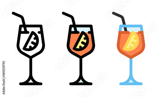 Aperol spritz icon. Summer cocktail line and fill icon. Outline, filled, and color versions. Vector illustration with editable stroke. Isolated on transparent background.