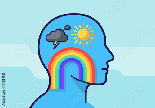 Conceptual illustration of mental health and emotional states. A human head profile with weather symbols for mood and psychology.