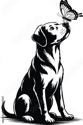 German Shepherd dog with butterfly on nose, black and white illustration, loyal pet design, cute animal moment, nature connection artwork