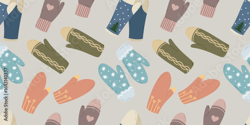 Seamless winter pattern featuring cozy hand drawn mittens in various colors and styles. Includes snowflakes, hearts, and festive elements. Perfect for seasonal fabric, cards, and gift wrap