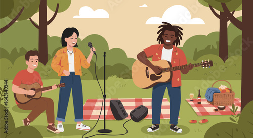 Joyful Friends Playing Music and Picnicking in Park