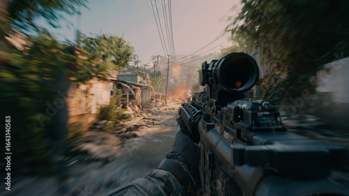 First person view of soldier holding a weapon, fps game