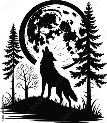 Howling wolf under full moon in forest, black and white wildlife silhouette, night nature scene illustration, wild animal mountain artwork