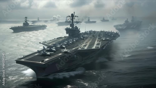 Nuclear war ships, Navy ship, Military navy. nuclear carrier running in the ocean. Military navy ship carrier full loading fighter jet aircraft for prepare troops