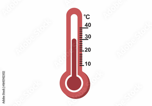 Red thermometer indicating high temperature against white backdrop showing heatwave conditions and potential health risks during summer.