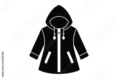 Black hooded raincoat showcases simple design and functional pockets against a stark white background