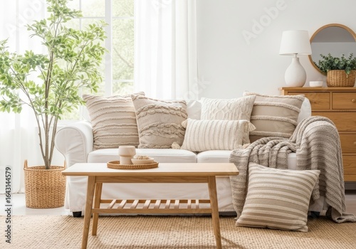 Cozy living room with a sofa, coffee table, and plant