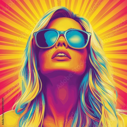 Pop art-inspired design featuring a vibrant, colorful background with a blonde woman wearing sunglasses. 3D rendering, Generative AI