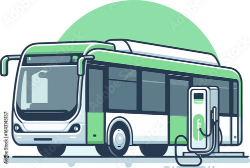 A modern electric bus efficiently recharges its battery at a public charging station, symbolizing sustainable urban transportation and eco-friendly technology.
