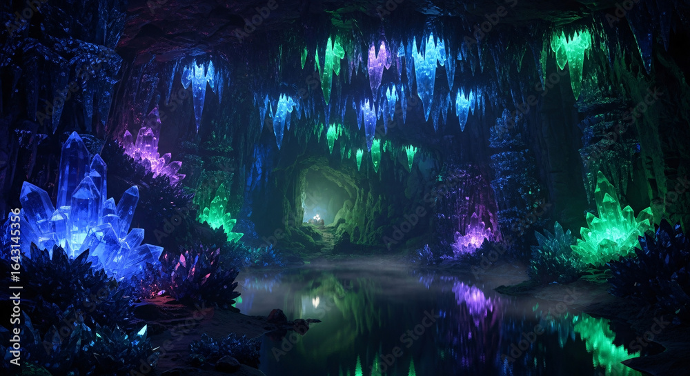 Obraz premium Mystical Crystal Cavern with Glowing Blue Green and Purple Formations.