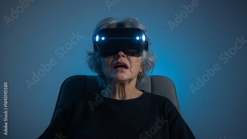An elderly woman wearing virtual reality glasses, immersed in a digital world, demonstrates the combination of technology and age, highlighting how virtual reality can engage and entertain people