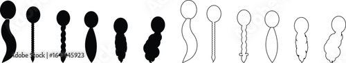 Black hairstyle icon set, hair silhouette collection, braid and ponytail vector group, haircut and fashion symbol bundle, female hair pictogram pack in flat and line style for beauty and salon design