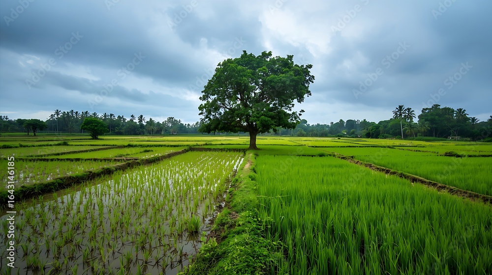 Obraz premium A solitary tree stands in a lush green rice field under a cloudy sky