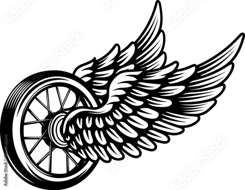 Motorcycle wheel with wings isolated on white background. Design elements for logo, label, emblem,sign. Vector illustration