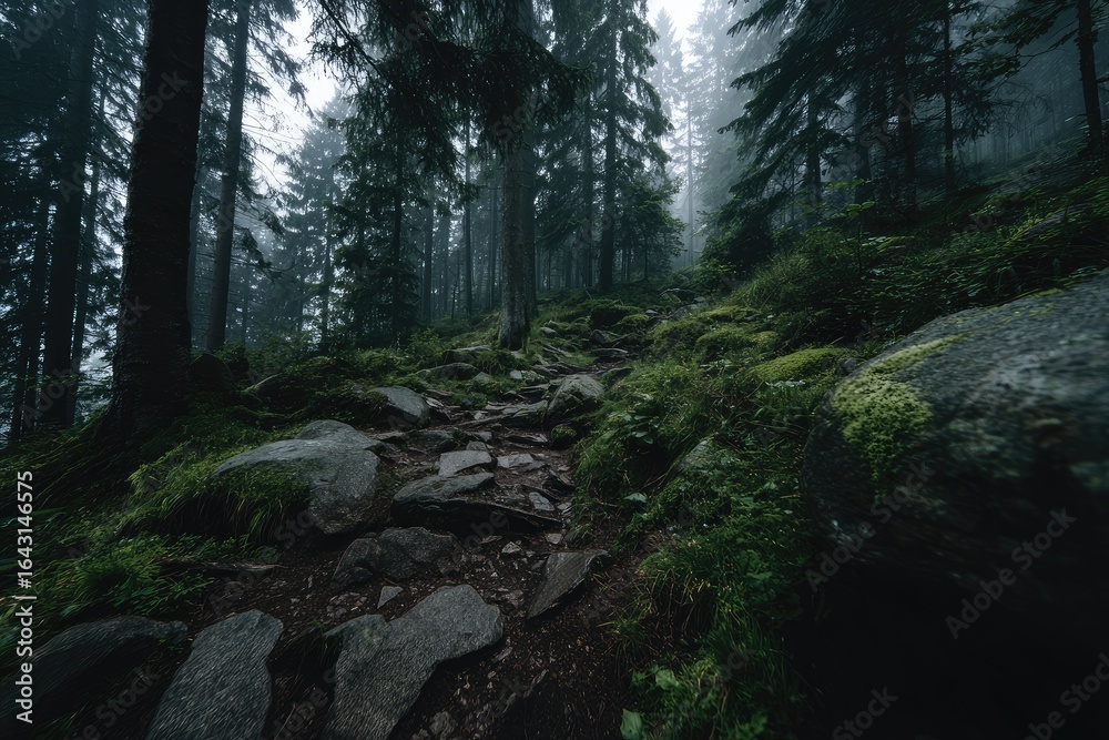 Obraz premium Misty forest path winds through rocky terrain