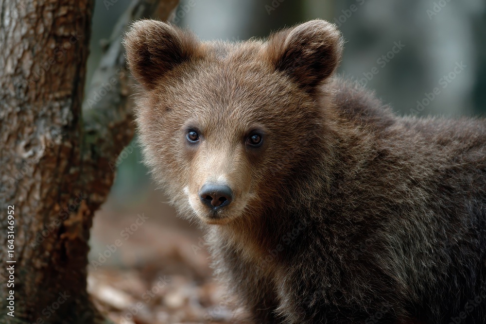 Fototapeta premium Wild brown bear cub portrait captured in a forest setting showcasing its curious expression and natural habitat during the golden hour of daylight