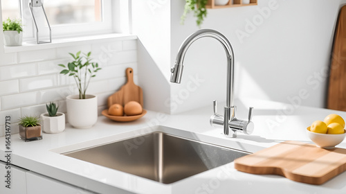 Modern kitchen sink with chrome faucet, white tiles, fruits, plants and wooden cutting board on the countertop.