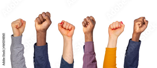 Holding fists up in the air isolated on white or transparent background 
