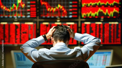 Mature financial analyst looking at computer with graphs and feeling frustrated grabs his head with his hands. Stressed trader worry about loosing money in stock market