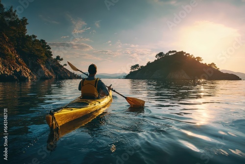 Sporty guy paddles a bright yellow kayak along tranquil water at sunset, exploring beautiful coastline and enjoying the peaceful ambiance of nature