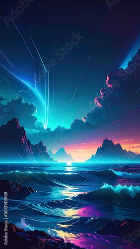 Vibrant, stylized depiction of a coastal landscape at sunrise or sunset.
