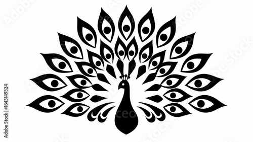 Stylized black peacock with elaborate feather display featuring eye shaped patterns in a symmetrical design silhouette