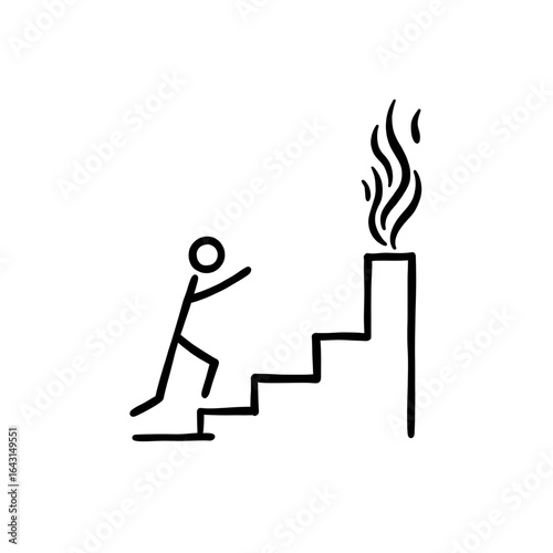 Escaping the Blaze: A minimalist illustration captures a stick figure ascending stairs towards the flames, symbolizing a race against time and an urgent need for escape and safety.