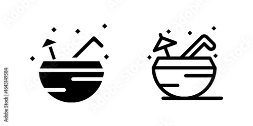 Coconut drink icon vector illustration, Drinking fresh Coconut on the beach sign, thunder coconut beach clip art icon isolated, Beach symbol, drinks clipart, coconut drink, cocktail icon. EPS 10